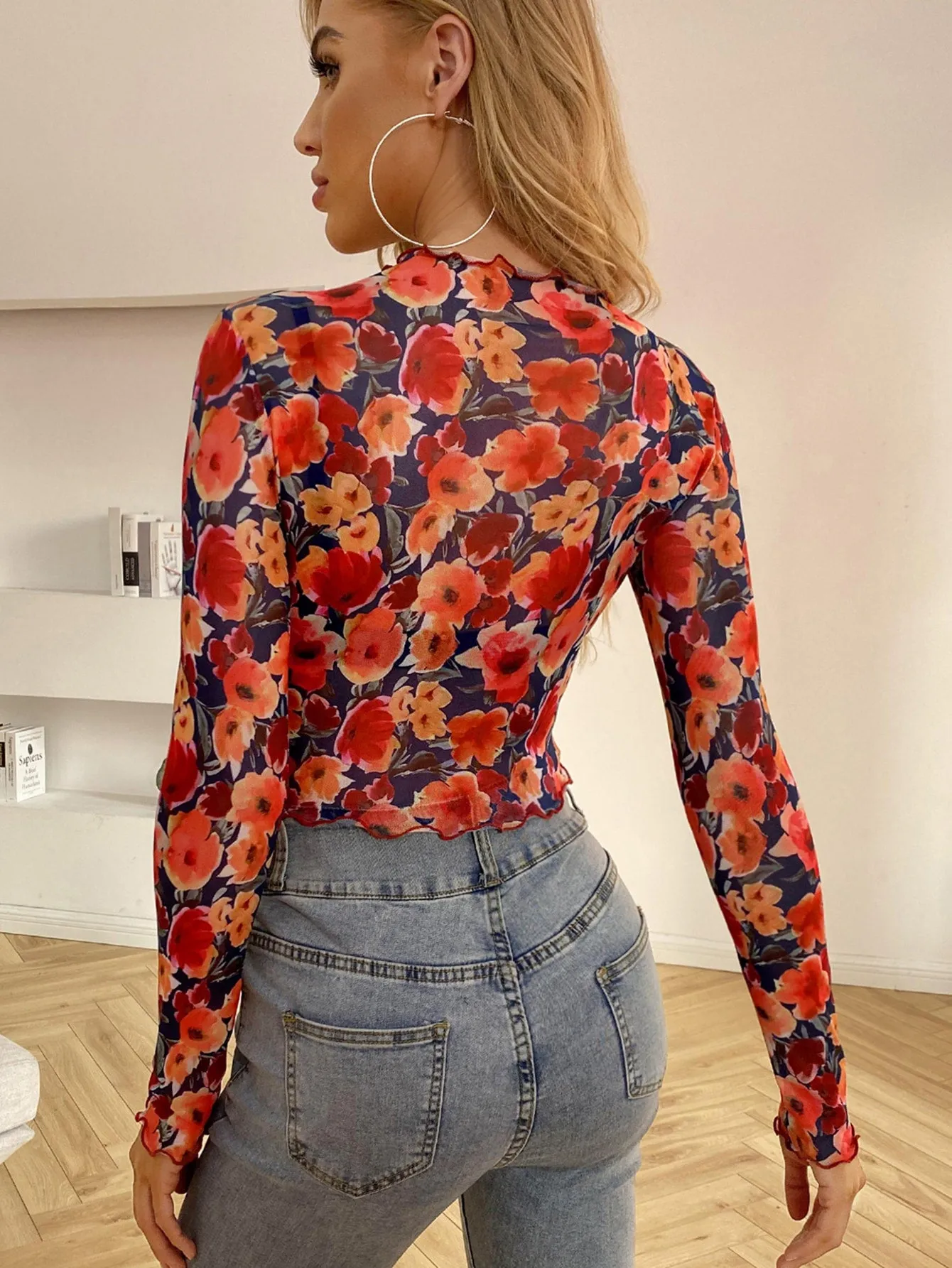 All Over Floral Lettuce Trim Mesh Top