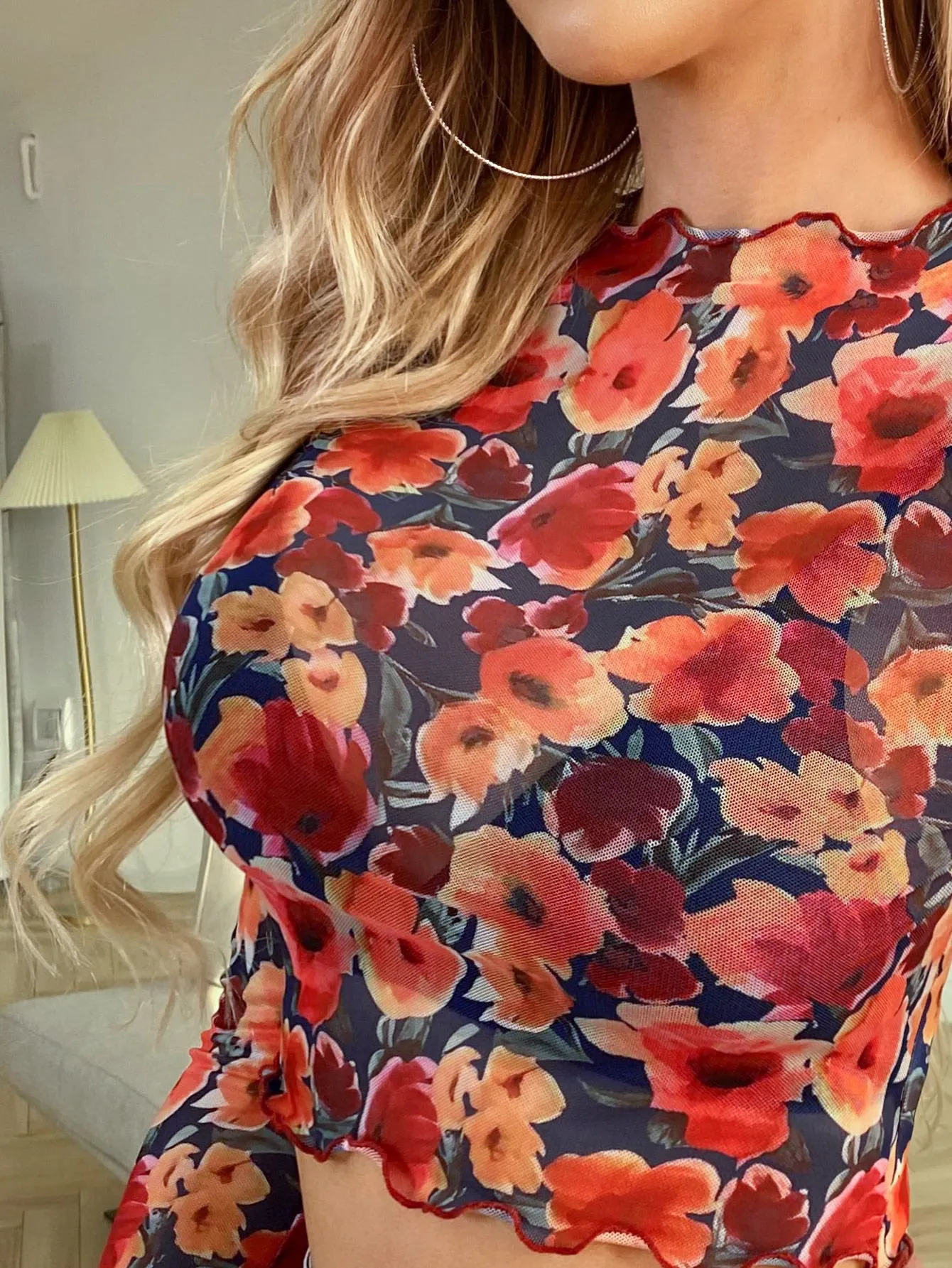 All Over Floral Lettuce Trim Mesh Top