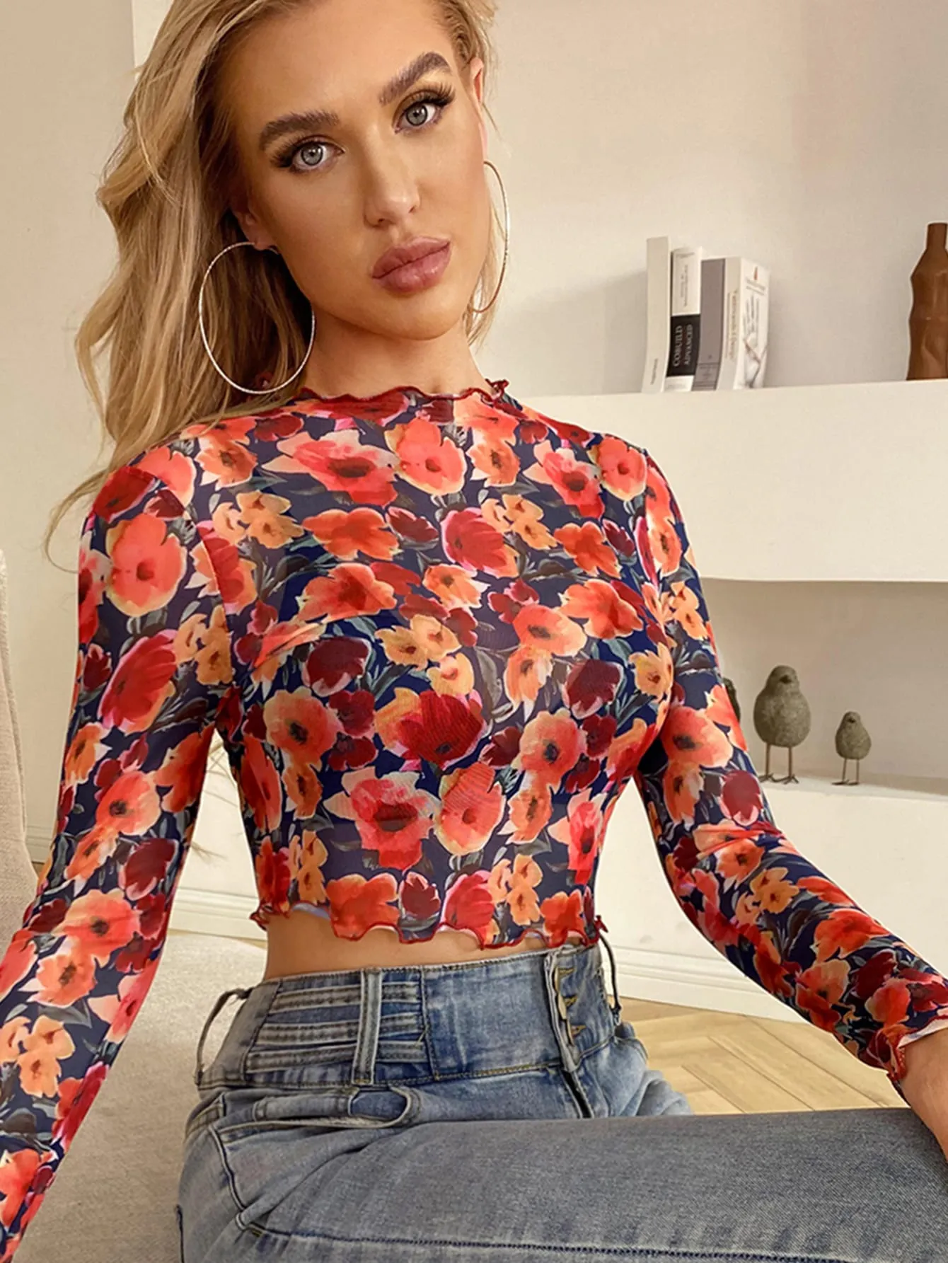 All Over Floral Lettuce Trim Mesh Top