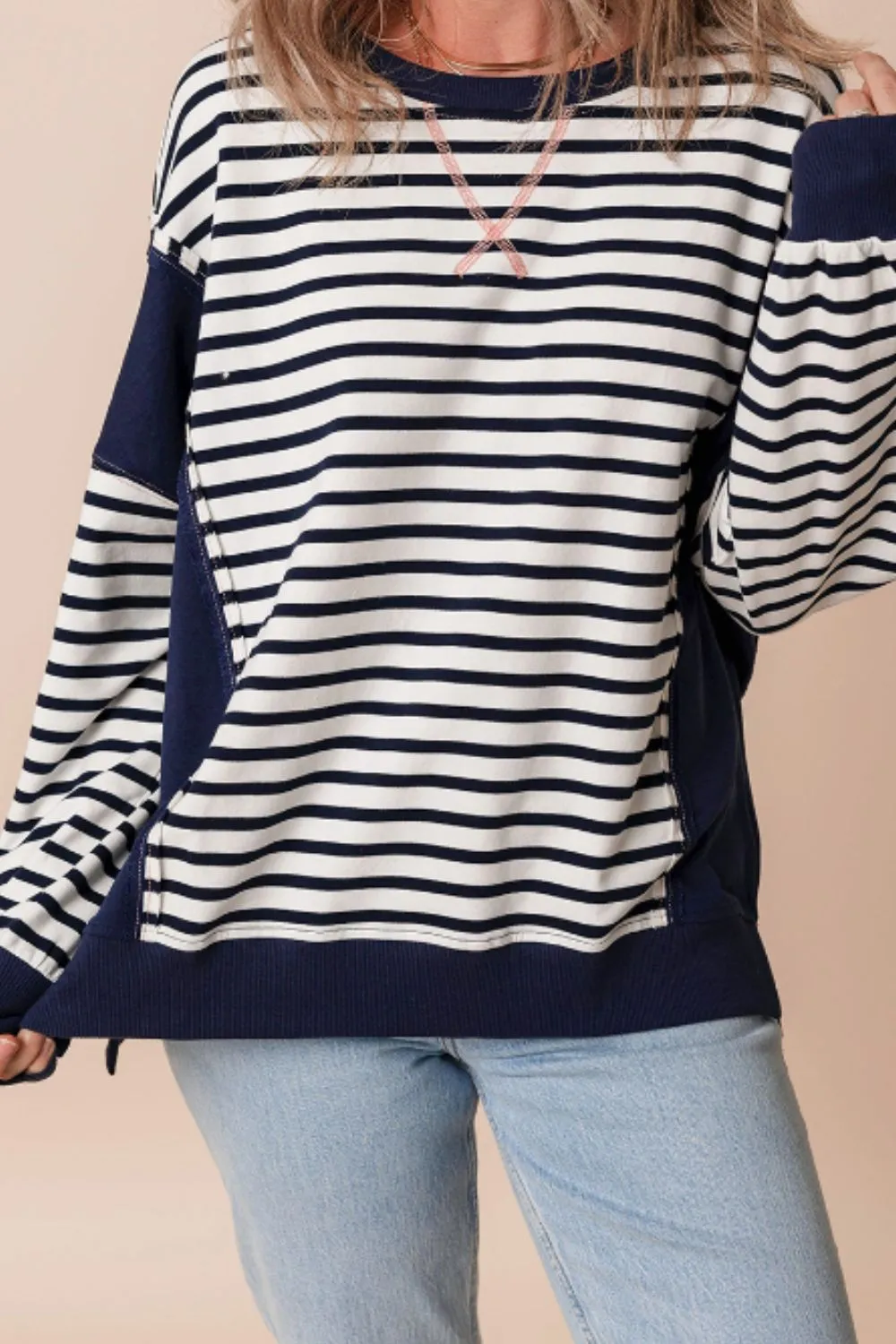 Andrea Exposed Seam Striped Long Sleeve Sweatshirt