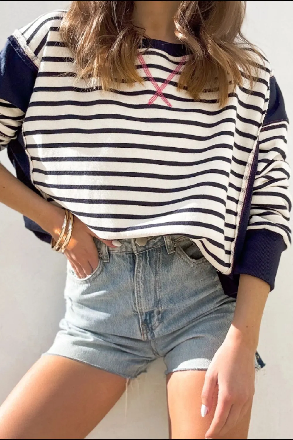 Andrea Exposed Seam Striped Long Sleeve Sweatshirt
