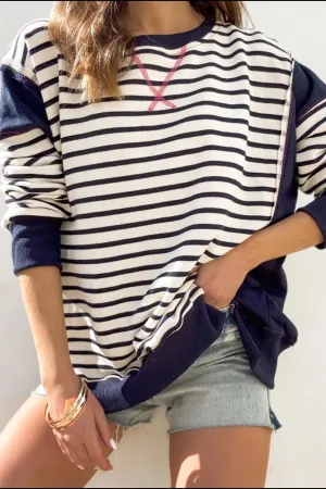 Andrea Exposed Seam Striped Long Sleeve Sweatshirt