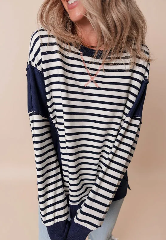 Andrea Exposed Seam Striped Long Sleeve Sweatshirt