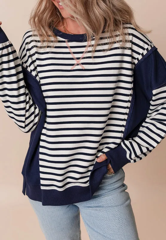 Andrea Exposed Seam Striped Long Sleeve Sweatshirt