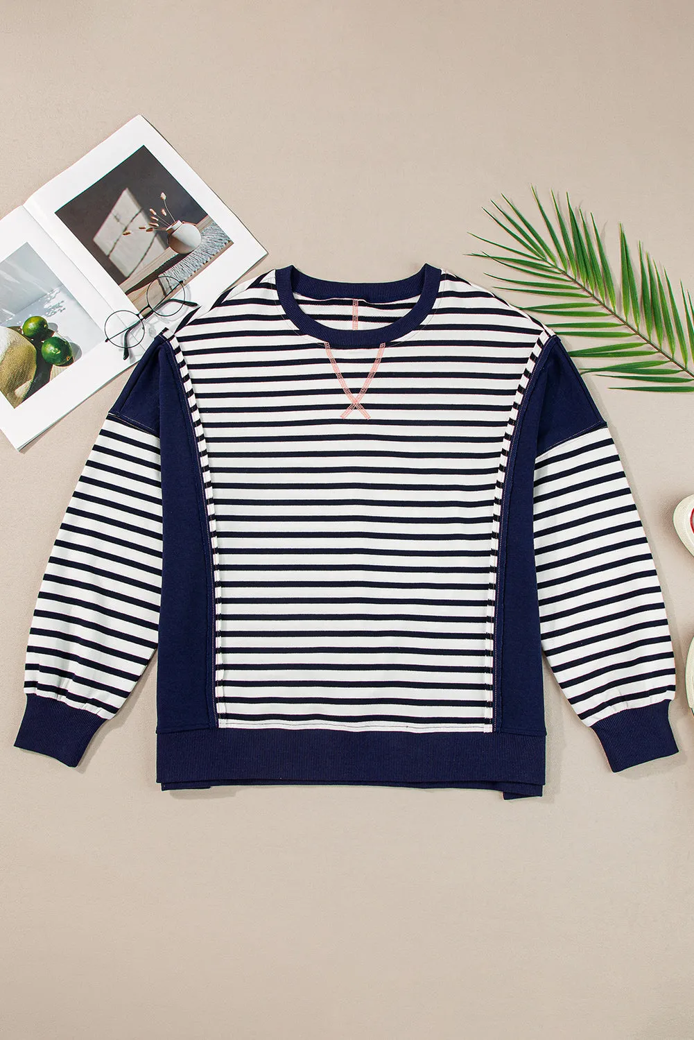 Andrea Exposed Seam Striped Long Sleeve Sweatshirt