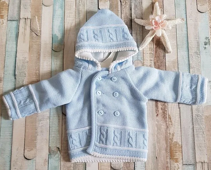 Baby Boys Blue Knitted Hooded Pram Coat