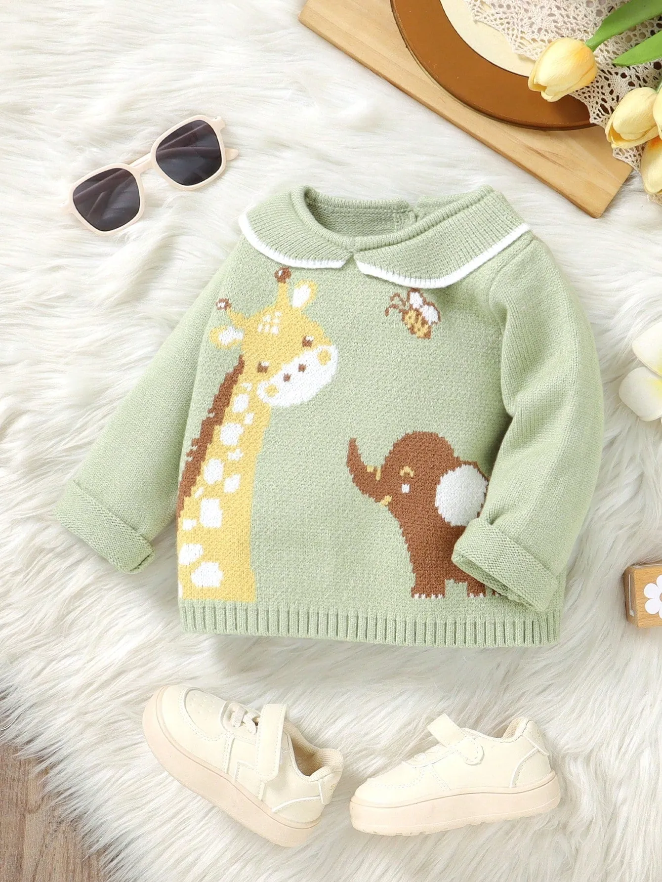 Baby Girls' Casual Cute Deer, Elephant & Bee Pattern Lightweight Green Long Sleeve Knitted Crew Neck Sweaters, Soft And Comfortable For Daily Wear, Outdoor, Travel, Vacation, Home, Nursery, Play-FD