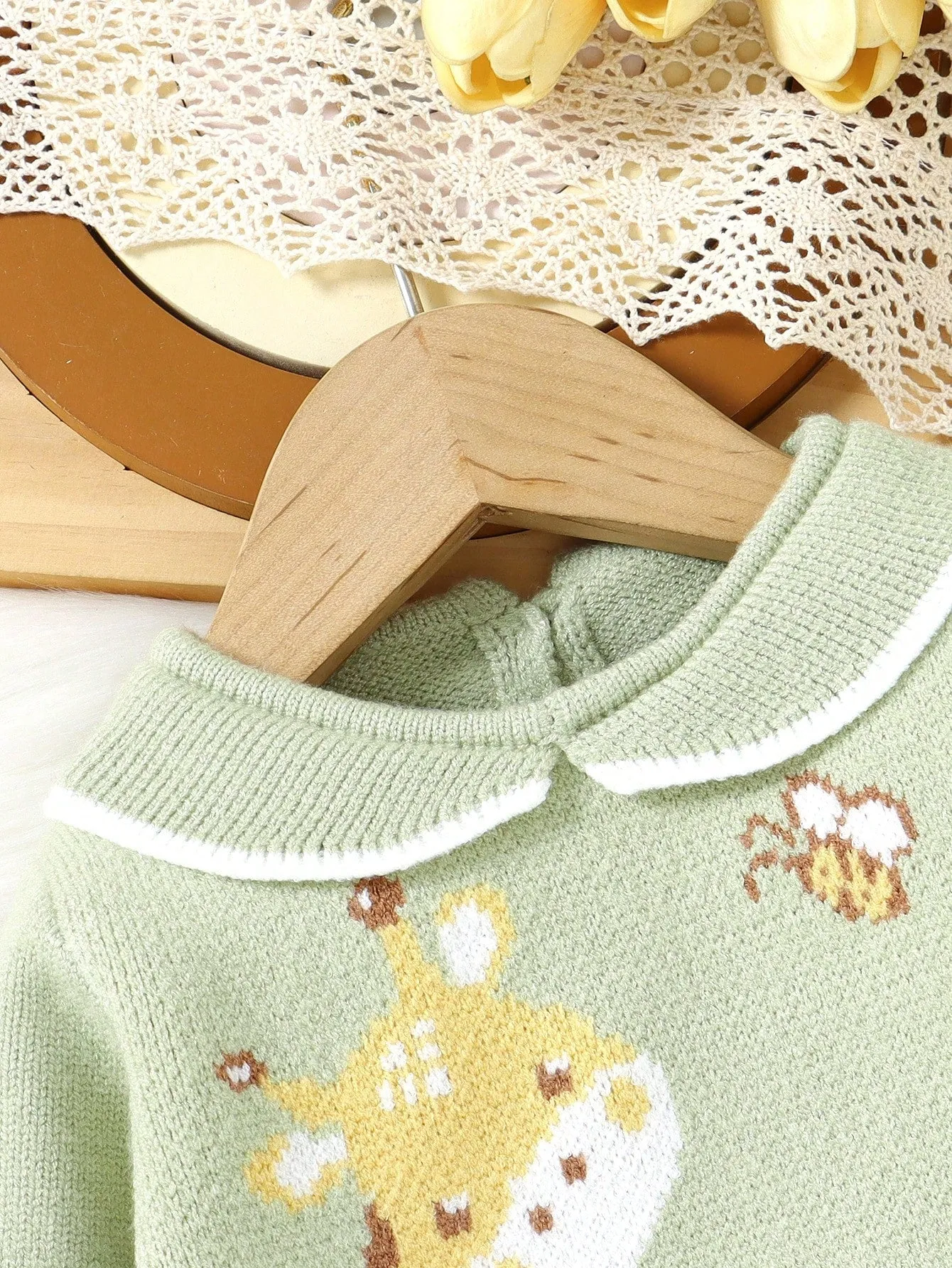 Baby Girls' Casual Cute Deer, Elephant & Bee Pattern Lightweight Green Long Sleeve Knitted Crew Neck Sweaters, Soft And Comfortable For Daily Wear, Outdoor, Travel, Vacation, Home, Nursery, Play-FD