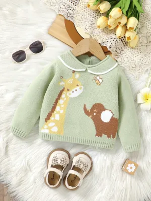 Baby Girls' Casual Cute Deer, Elephant & Bee Pattern Lightweight Green Long Sleeve Knitted Crew Neck Sweaters, Soft And Comfortable For Daily Wear, Outdoor, Travel, Vacation, Home, Nursery, Play-FD