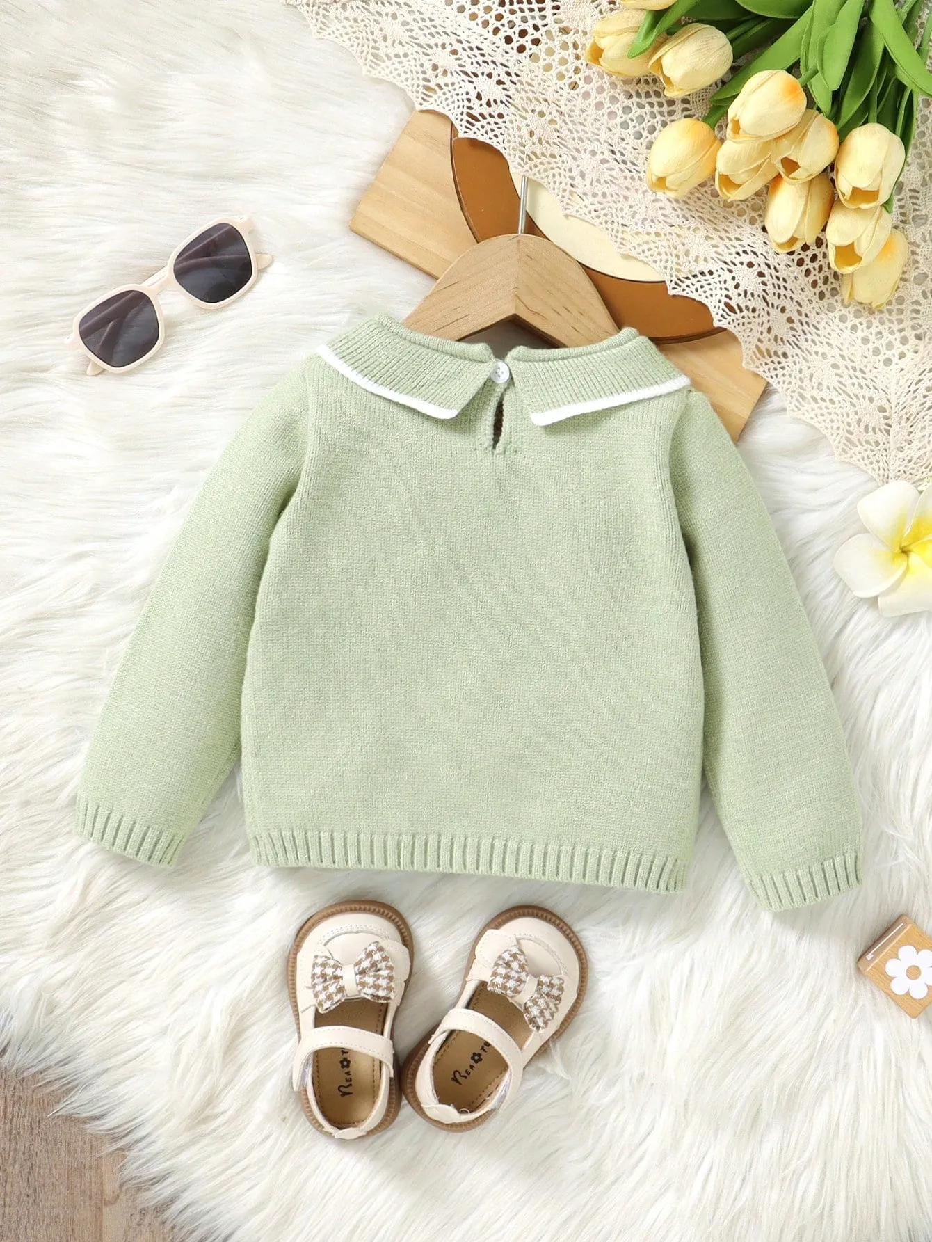 Baby Girls' Casual Cute Deer, Elephant & Bee Pattern Lightweight Green Long Sleeve Knitted Crew Neck Sweaters, Soft And Comfortable For Daily Wear, Outdoor, Travel, Vacation, Home, Nursery, Play-FD