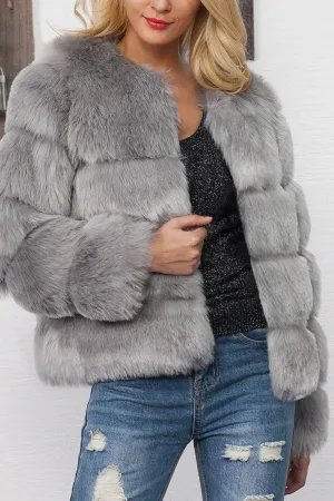 BerryBetty - Grey Shawl Lapel Cropped Women Faux Fur Coat