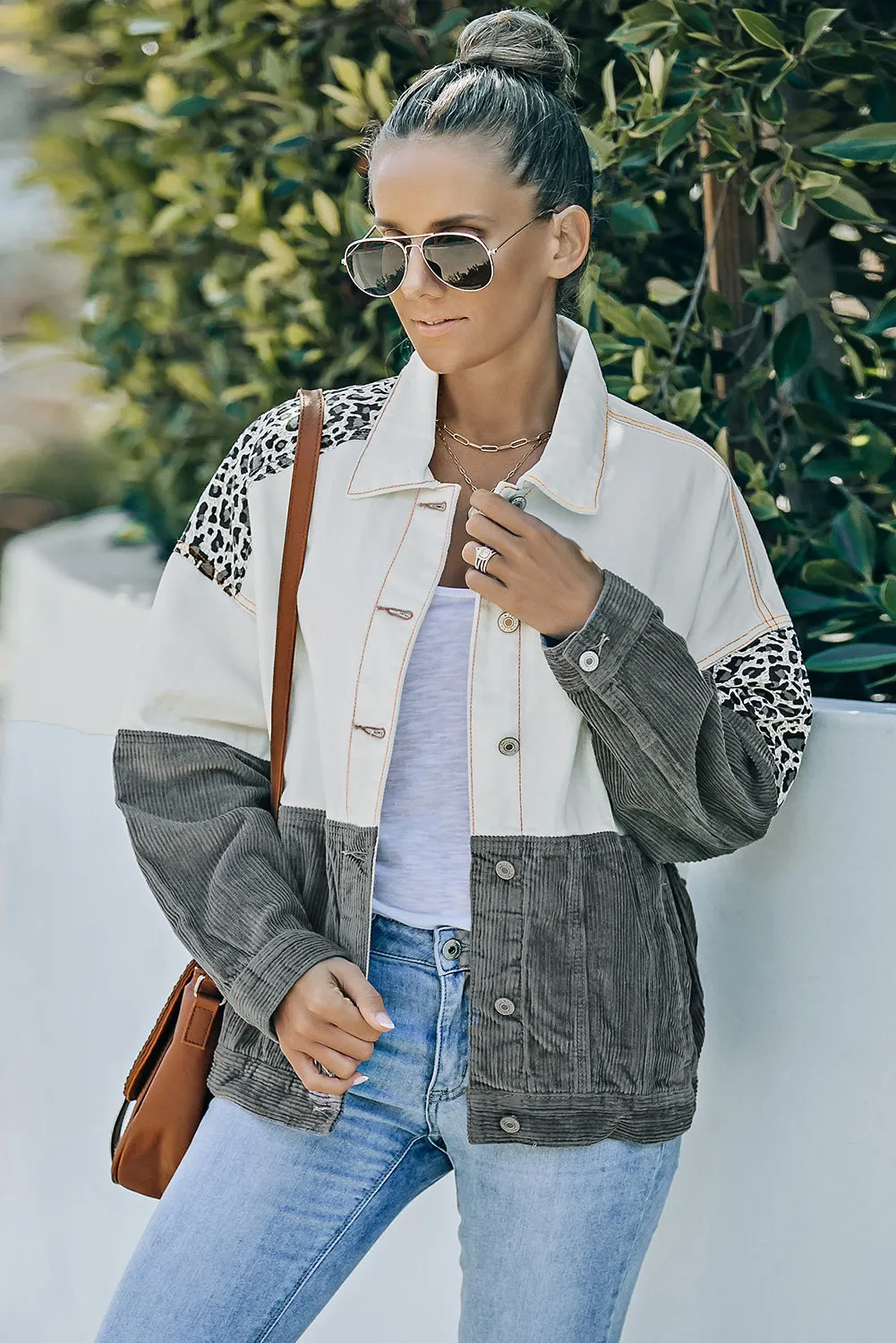 BerryBetty - Leopard Color Block Button-Up Corduroy Shacket