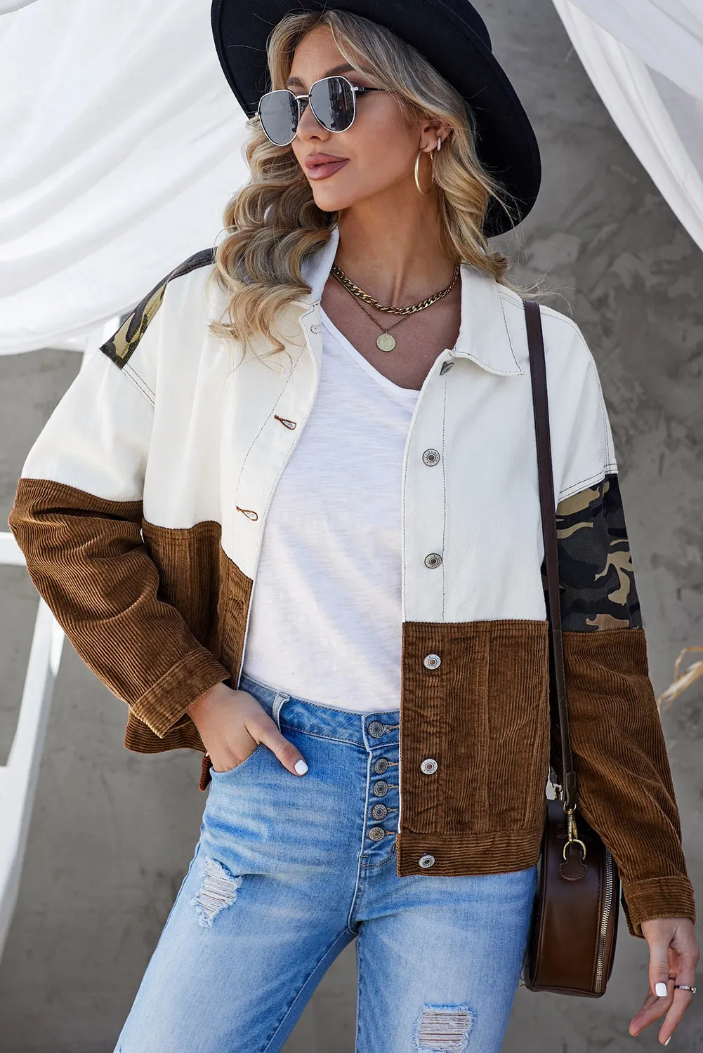 BerryBetty - Leopard Color Block Button-Up Corduroy Shacket