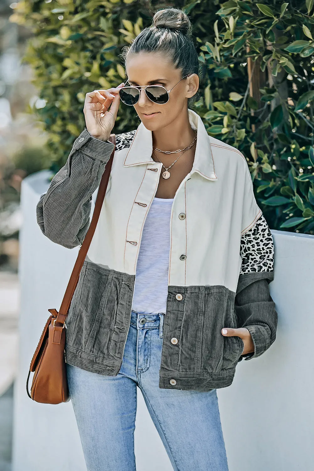 BerryBetty - Leopard Color Block Button-Up Corduroy Shacket