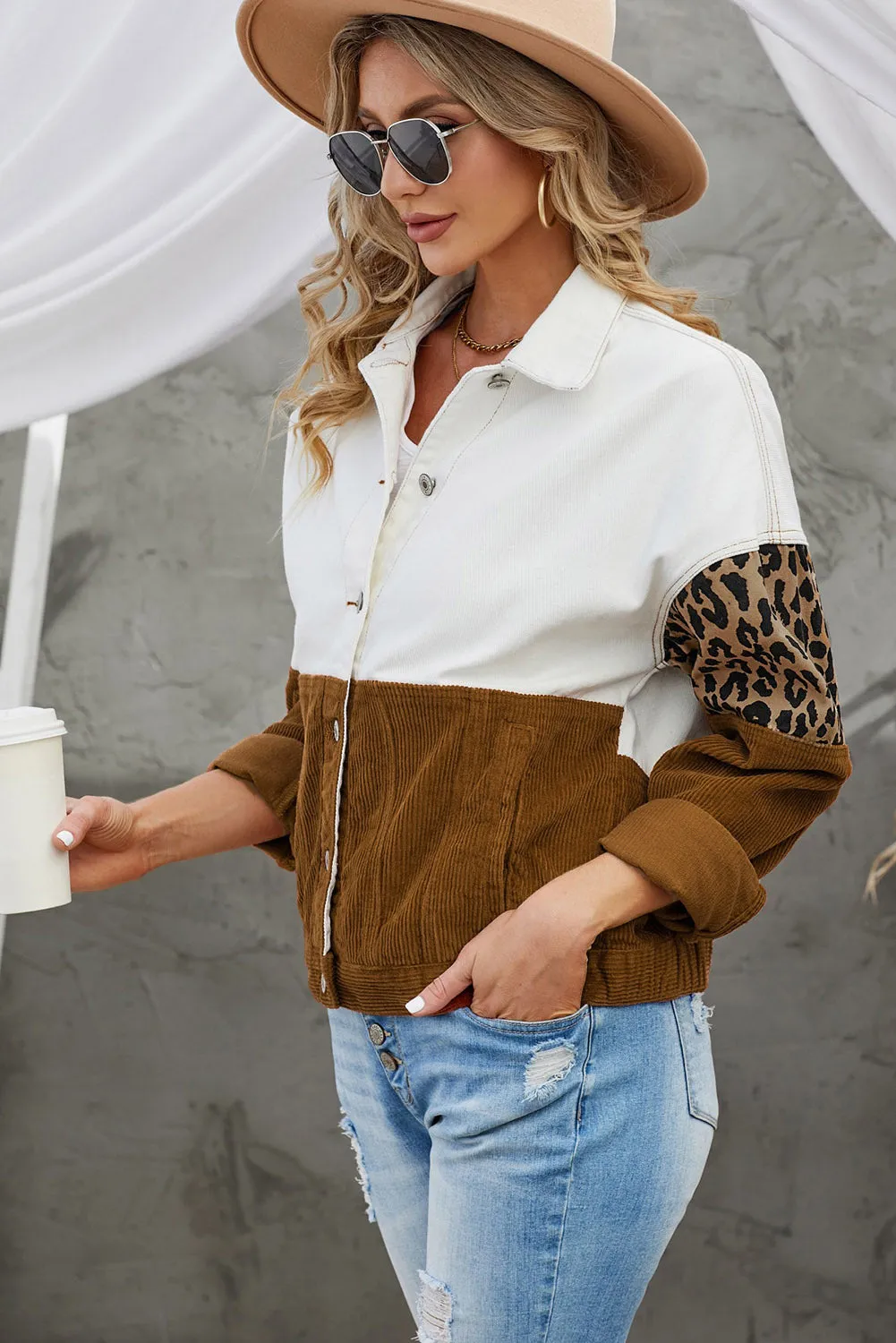 BerryBetty - Leopard Color Block Button-Up Corduroy Shacket