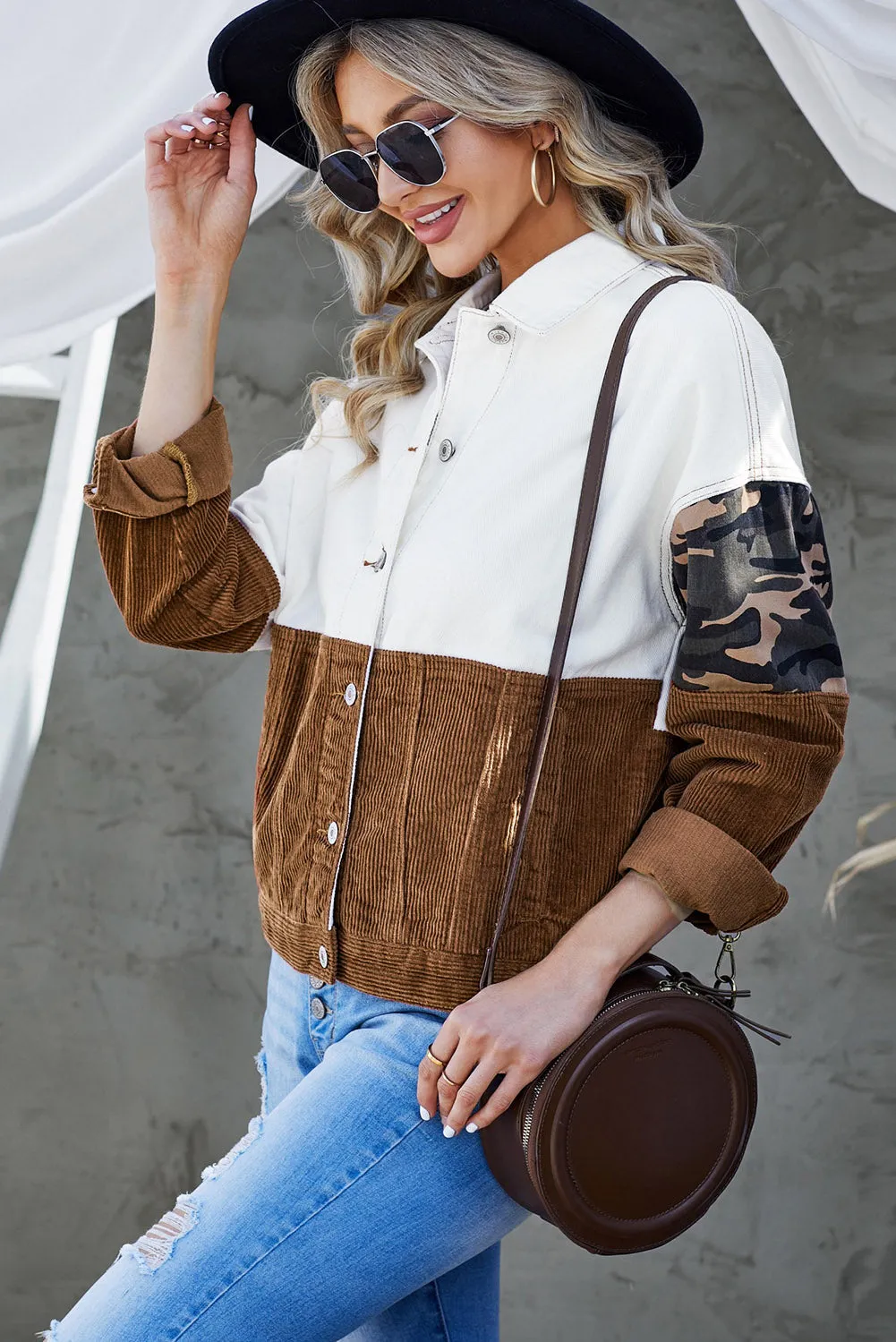 BerryBetty - Leopard Color Block Button-Up Corduroy Shacket