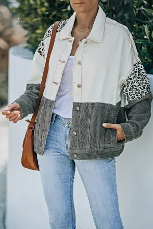 BerryBetty - Leopard Color Block Button-Up Corduroy Shacket