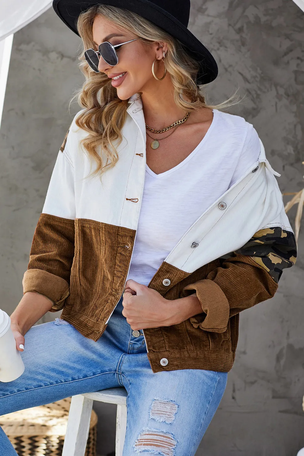 BerryBetty - Leopard Color Block Button-Up Corduroy Shacket