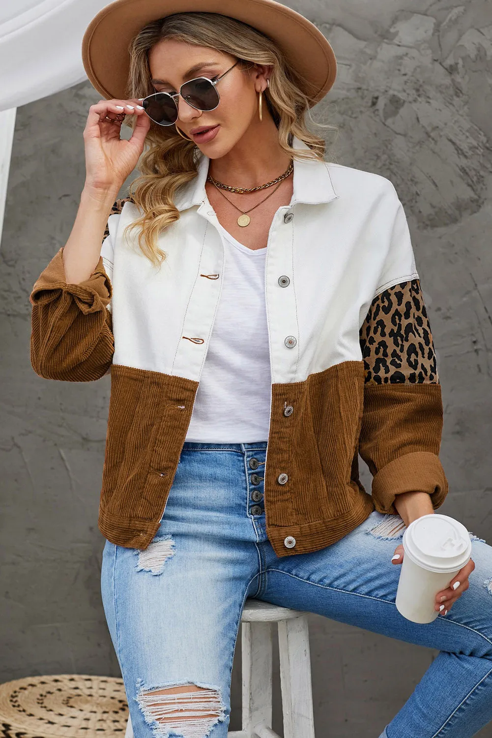 BerryBetty - Leopard Color Block Button-Up Corduroy Shacket