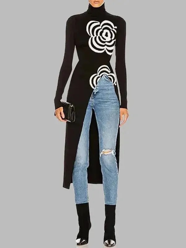 Black Floral Asymmetric Knitted Long Top