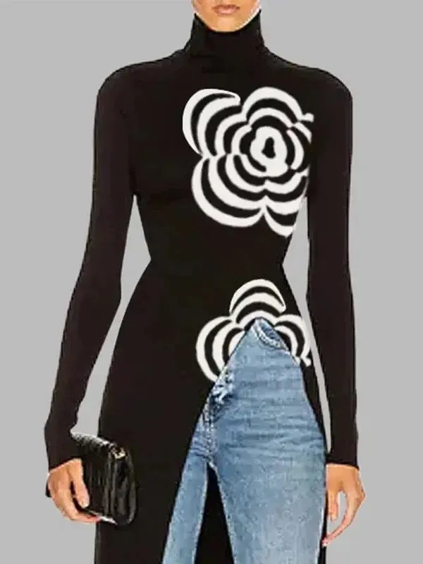 Black Floral Asymmetric Knitted Long Top