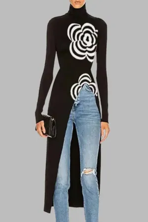 Black Floral Asymmetric Knitted Long Top