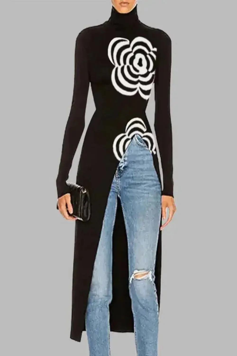 Black Floral Asymmetric Knitted Long Top