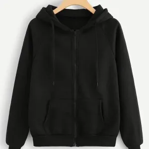 Black Plain Fleece Full Sleeves Zipper Hoodie For Women