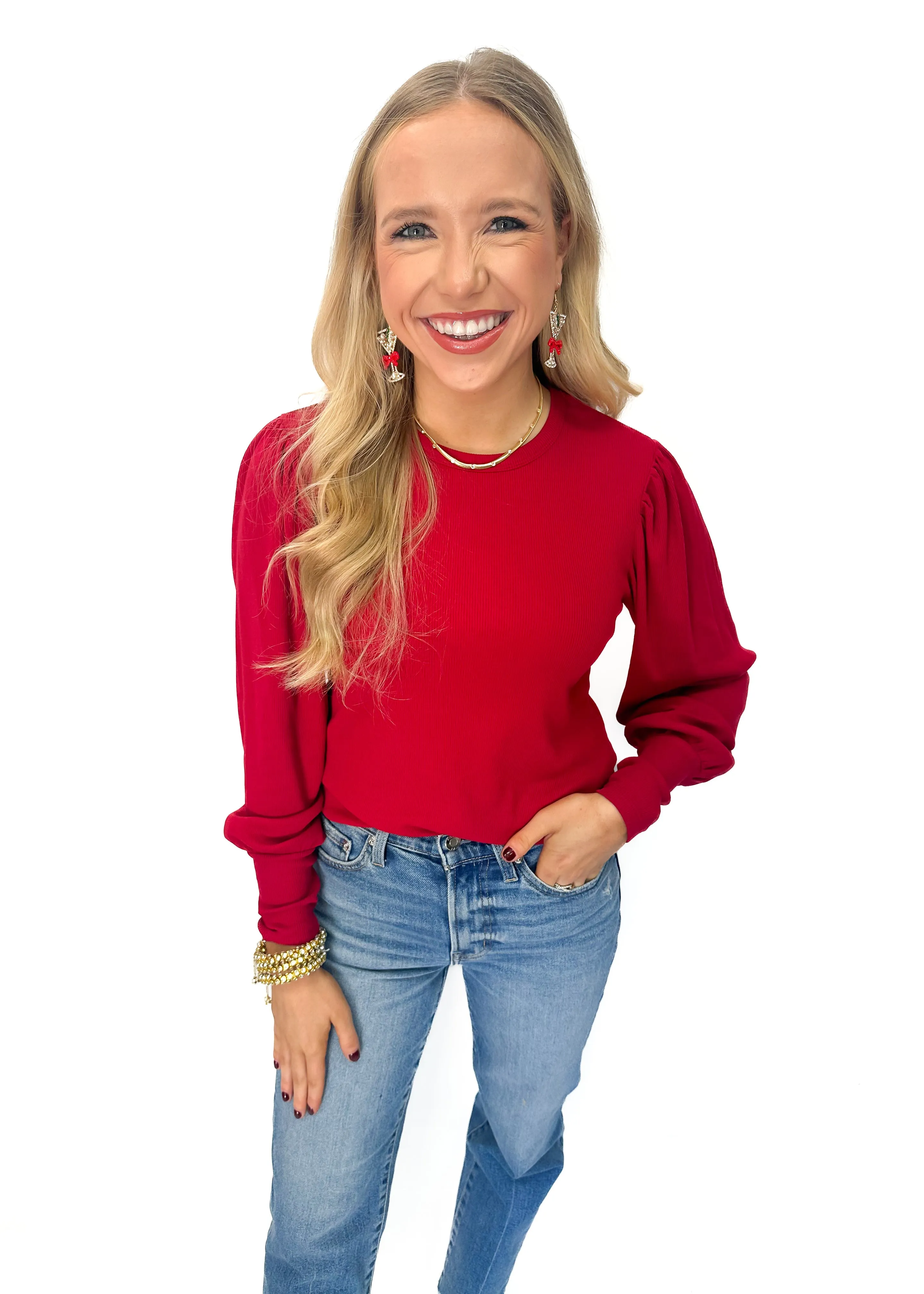 Bobi Shirred L/S Crewneck Knit Top - Salsa