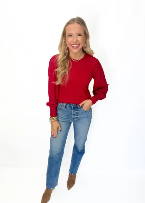 Bobi Shirred L/S Crewneck Knit Top - Salsa
