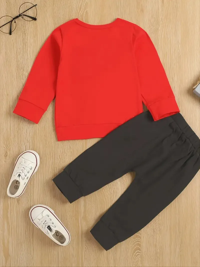 Boy's Mini Boss Lettered Ripped Design Red Pant Set