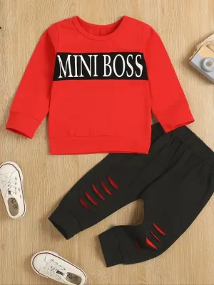 Boy's Mini Boss Lettered Ripped Design Red Pant Set