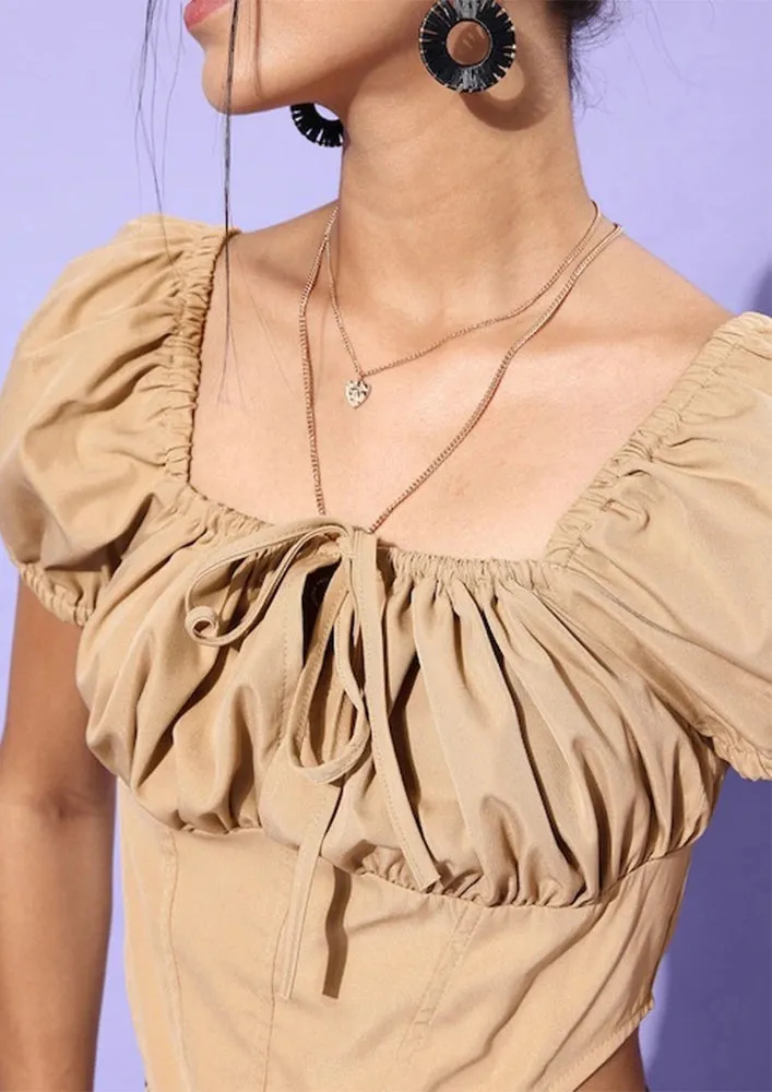 Brown Short Sleeve Pleated Bust Corset Detail Crop Top