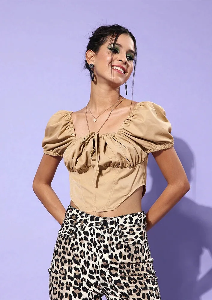 Brown Short Sleeve Pleated Bust Corset Detail Crop Top