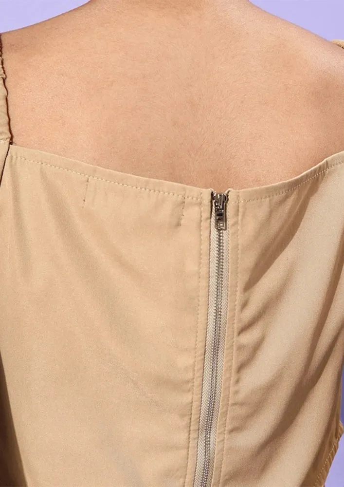 Brown Short Sleeve Pleated Bust Corset Detail Crop Top