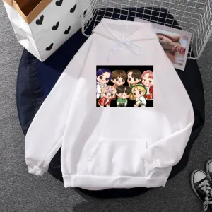BTS Anime Fleece Full Sleeves Pull Over  Hoodie For Women