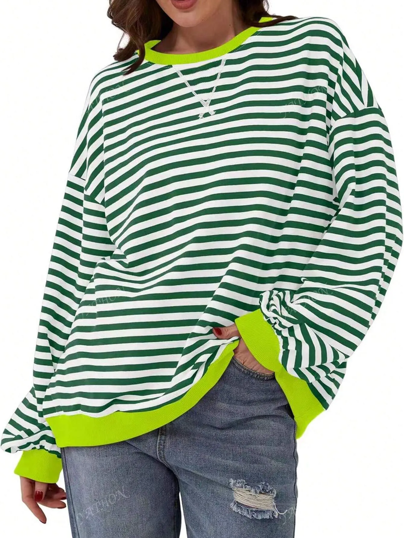 Casual New Striped & Floral Print Round Neck Loose Fit Pullover Sweatshirt