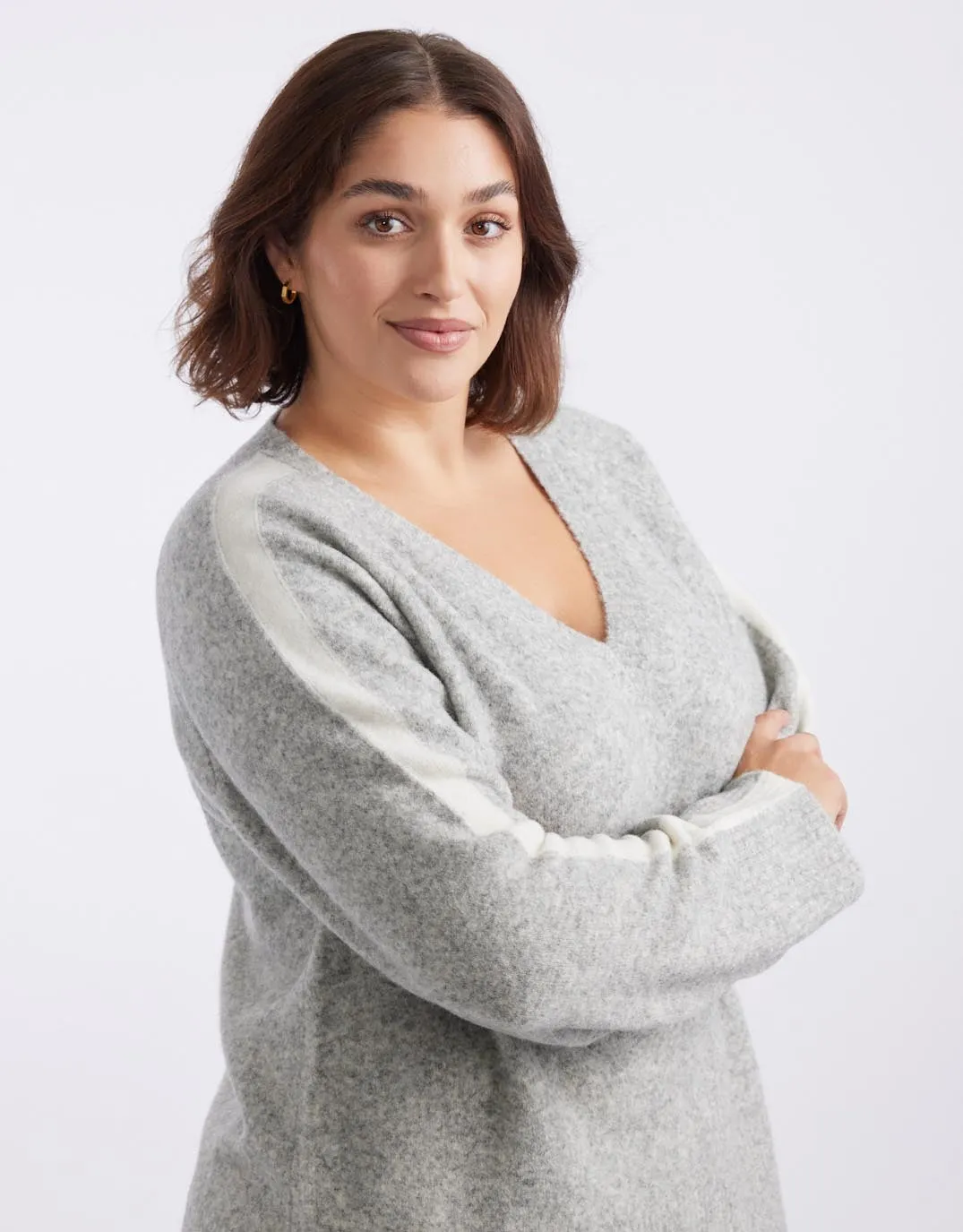 Chalet V Neck Knit Jumper - Grey/White