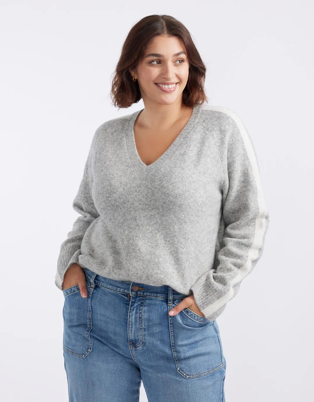 Chalet V Neck Knit Jumper - Grey/White