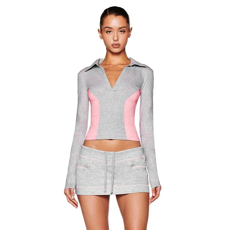 Chic Autumn V-Neck Long Sleeve Top and Skirt Two-Piece Set for Effortless Elegance
