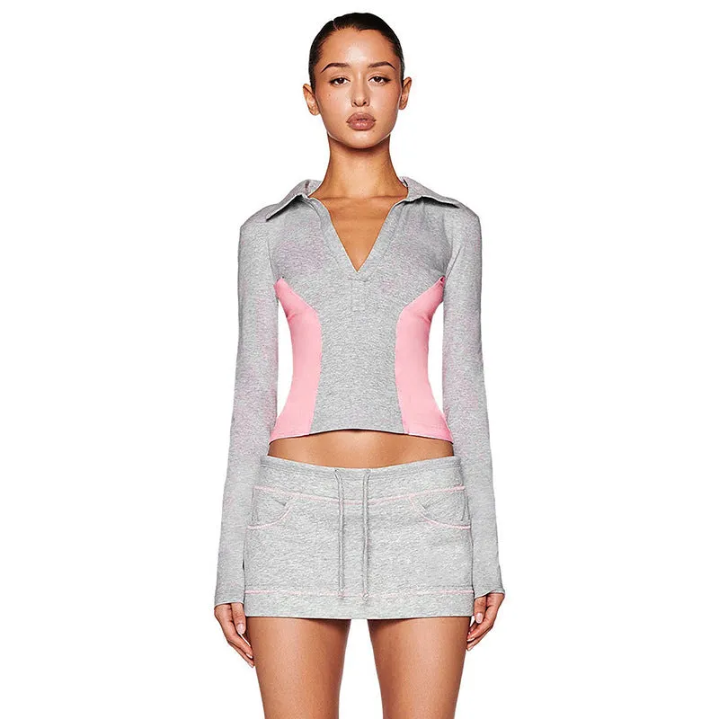 Chic Autumn V-Neck Long Sleeve Top and Skirt Two-Piece Set for Effortless Elegance