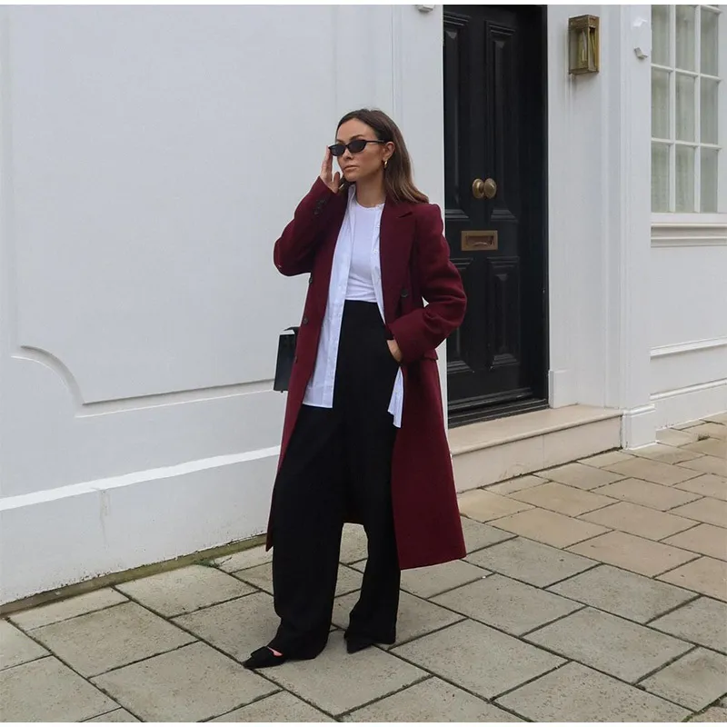 Chic Reversible Red Wool Blend Trench Coat for Ladies
