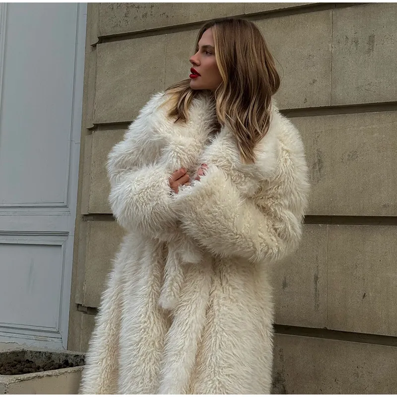 Chic Women's Beige Long Faux Fur Outerwear