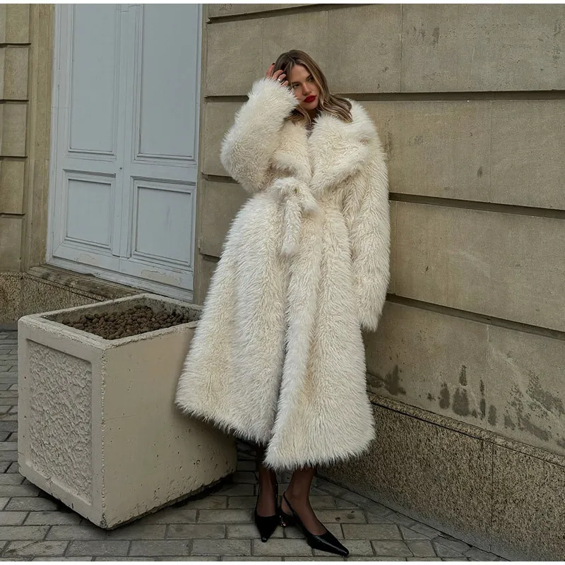 Chic Women's Beige Long Faux Fur Outerwear