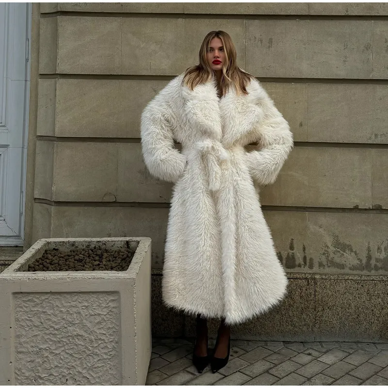 Chic Women's Beige Long Faux Fur Outerwear
