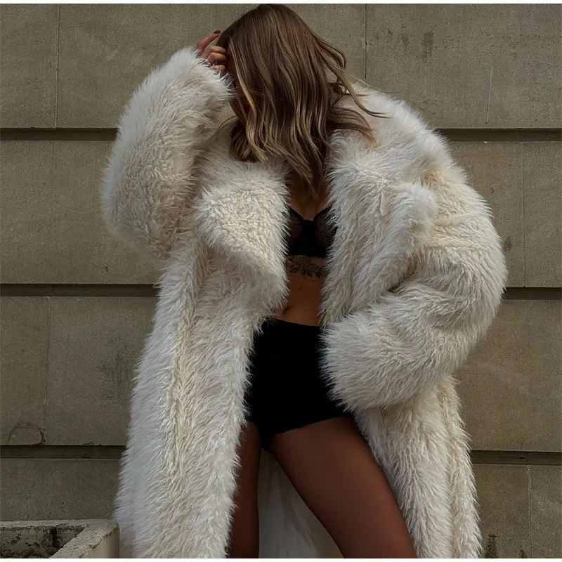Chic Women's Beige Long Faux Fur Outerwear