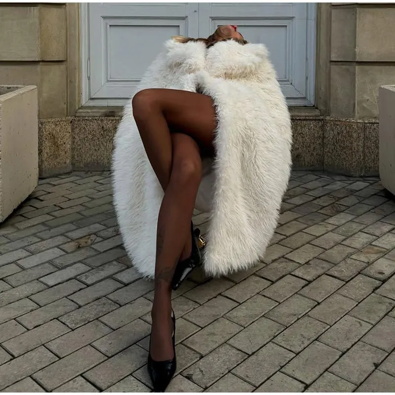 Chic Women's Beige Long Faux Fur Outerwear