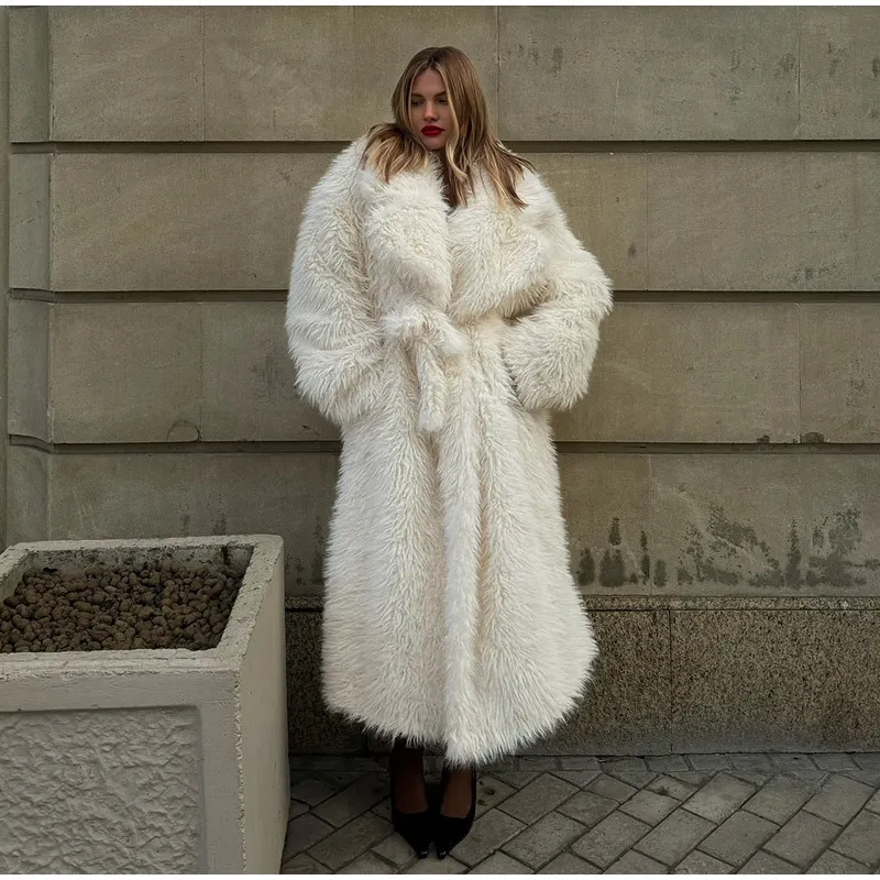 Chic Women's Beige Long Faux Fur Outerwear