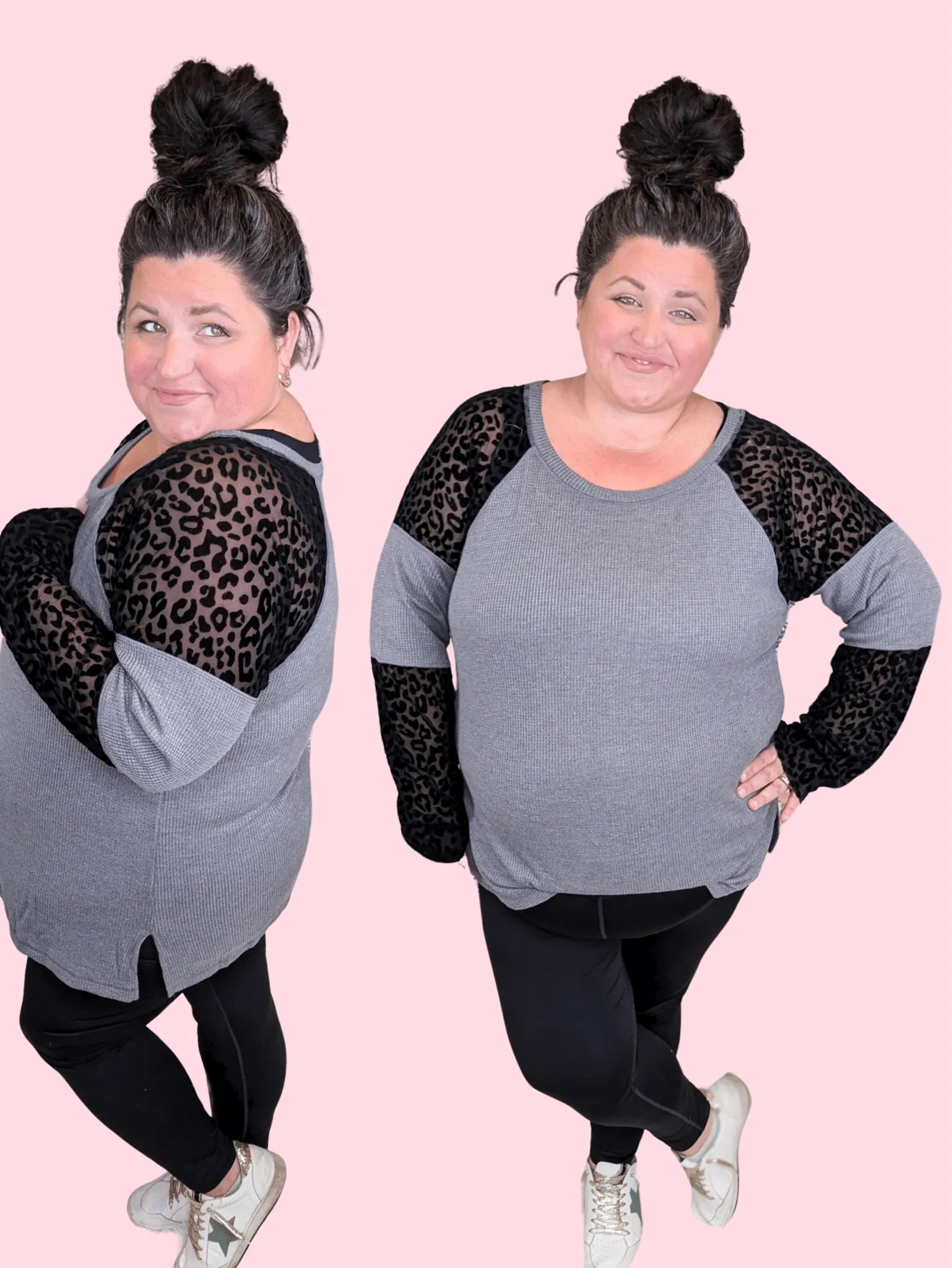 Delilah Charcoal Waffleknit Long Sleeve w/Black Leo Accent