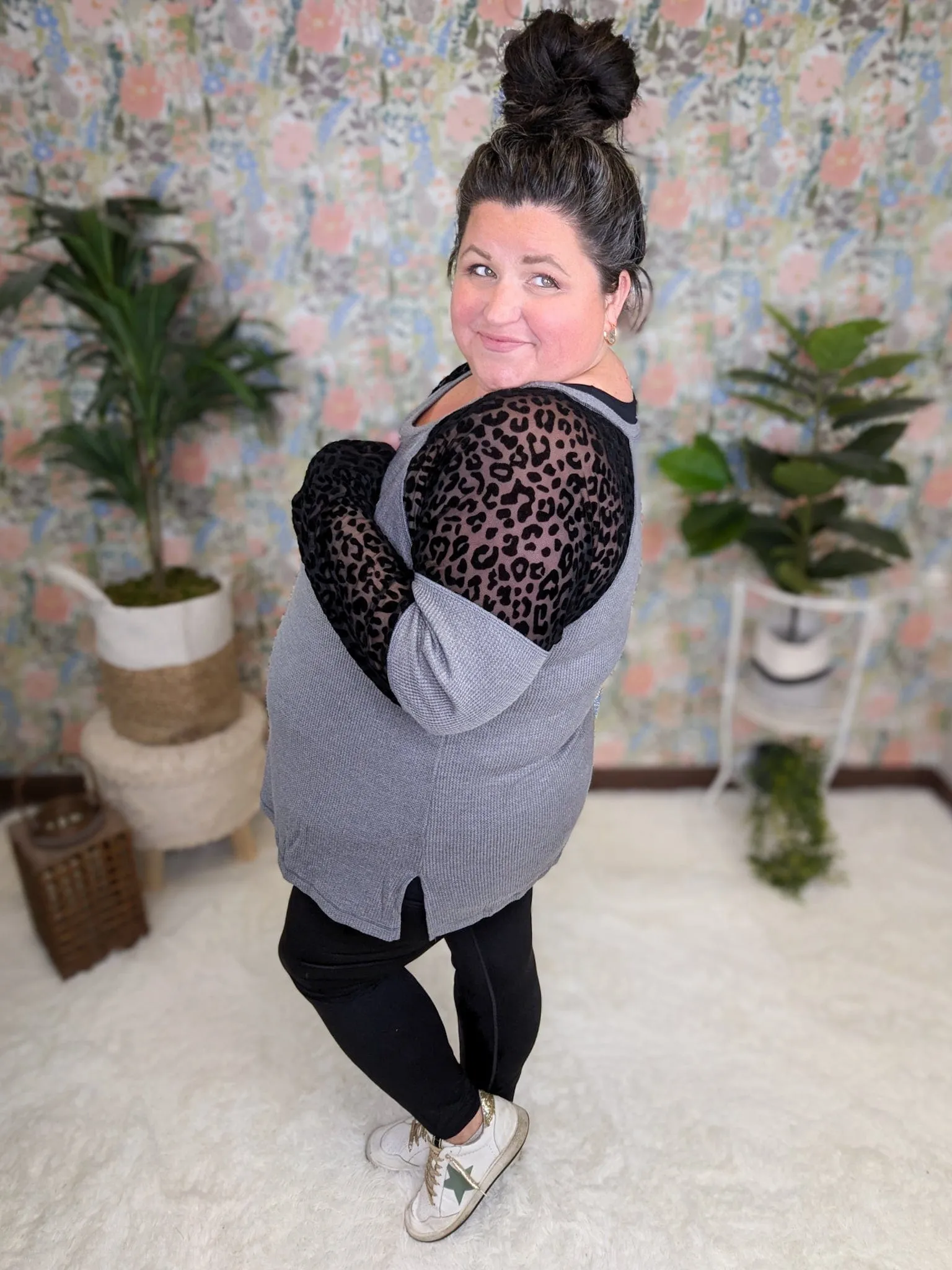 Delilah Charcoal Waffleknit Long Sleeve w/Black Leo Accent